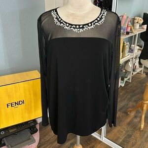 Inc black long sleeve jeweled top